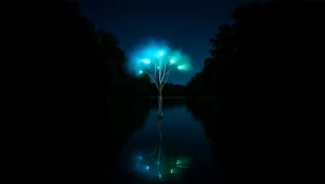 Mistree floating in lake nighttime